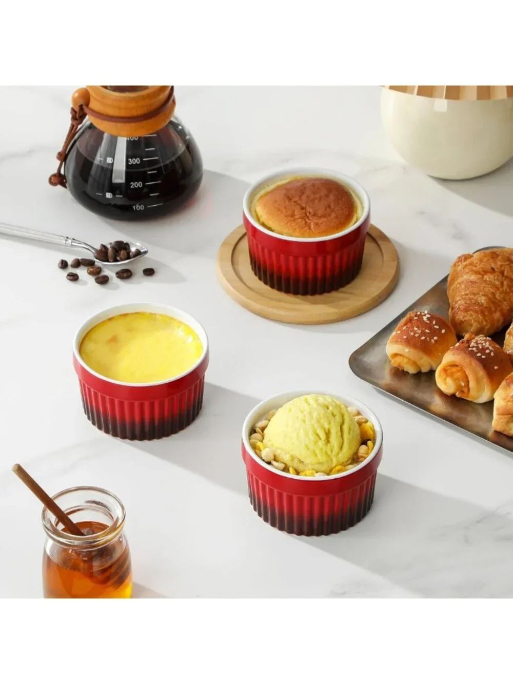 Set of 6 Oven Safe Ceramic Ramekins - Red Soufflé Dishes for Baking, Dipping